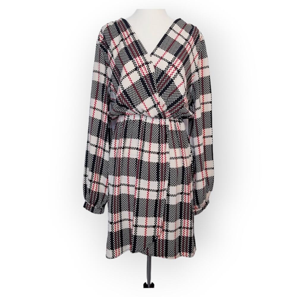 Akira Red Label mini dress faux wrap long sleeve plaid black red size L